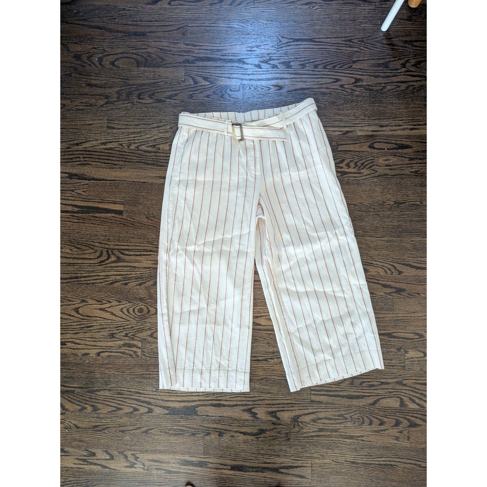 J. Jill Pants Women's Size L Striped Ivory Belted Linen Stretch Cropped Wide Leg